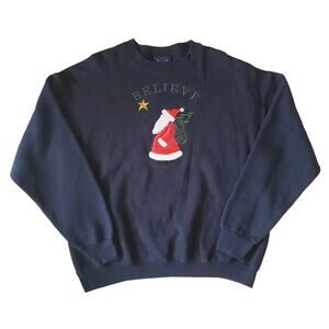 Vintage Oarsman 913 Christmas Sweatshirt Women's XL Santa Believe USA Made Blue